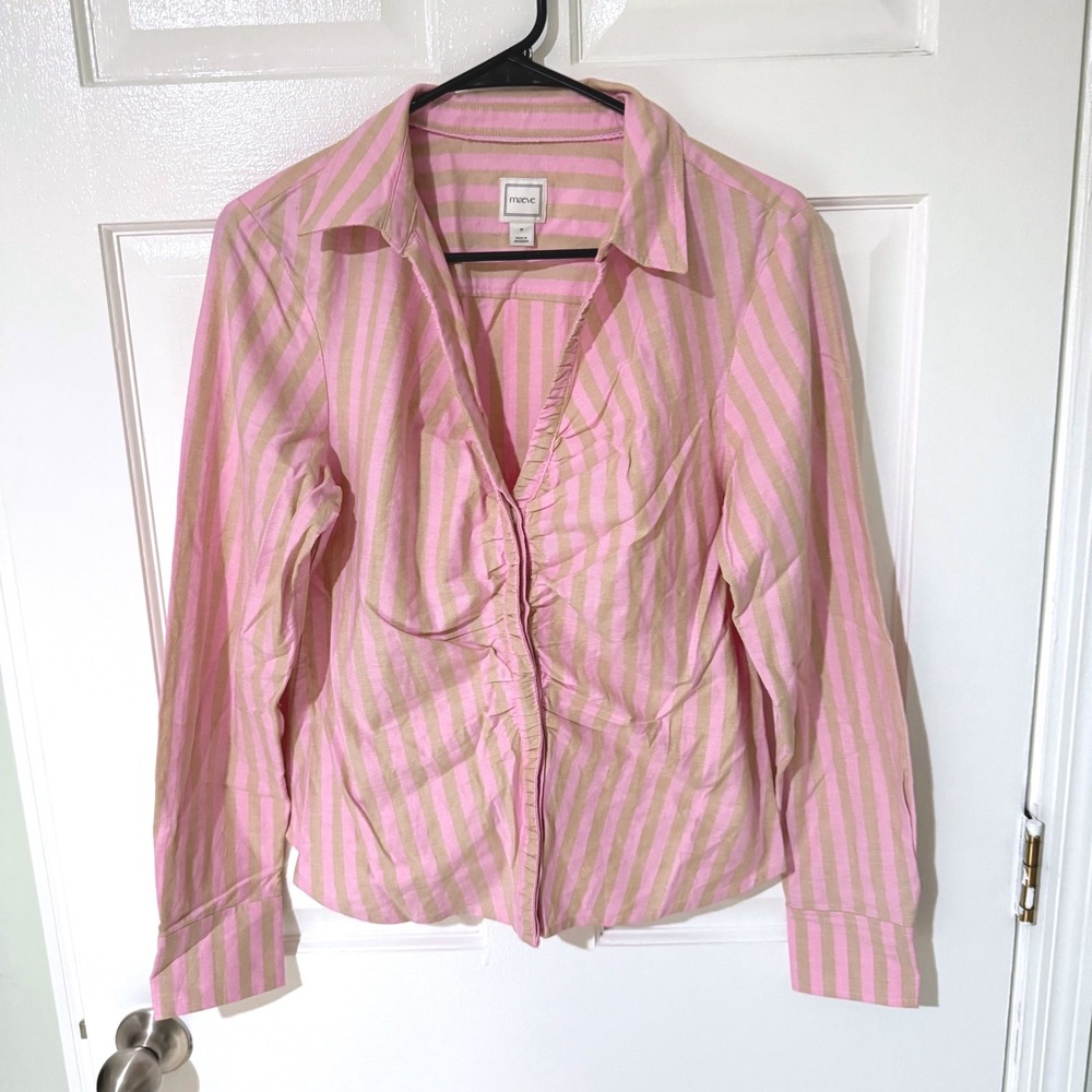 Maeve Anthropologie Pink Tan Striped Ruched Front Button Down Shirt Medium